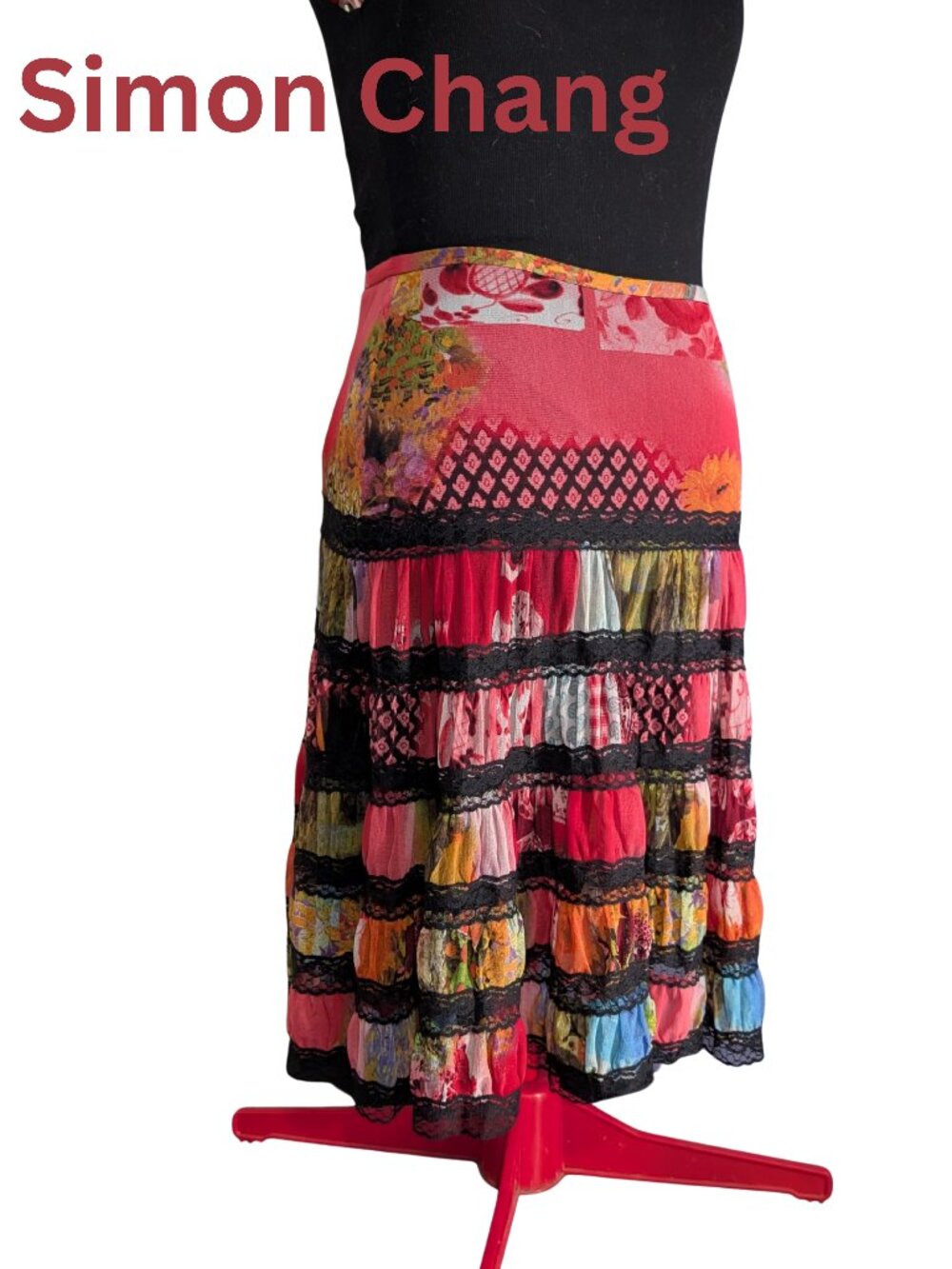 Simon Chang Multicolor Patchwork Midi Skirt with Black Lace